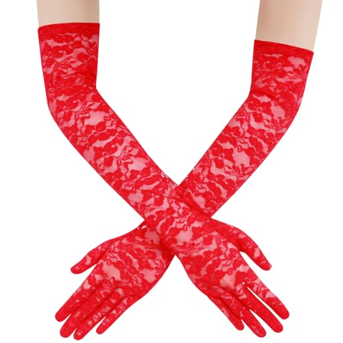 Yolev Gants Dentelle Rouge Longs pour Opéra es Années 80 Robes de Soirée Mascarade Bal Floral Mains Convient pour Mariage Mariée Cosplay Halloween Gants Longs en Dentelle Femme des Années 1920