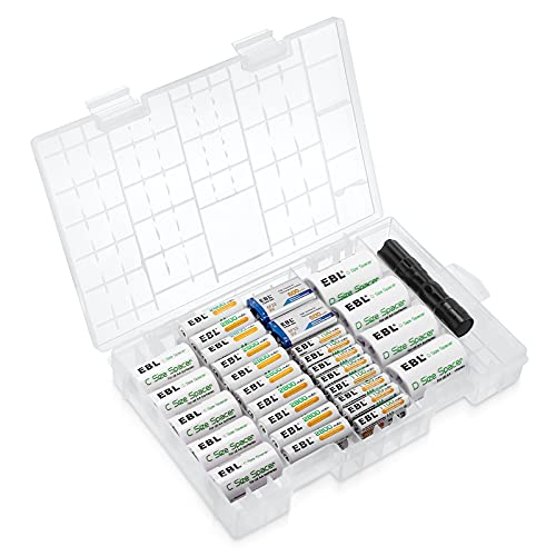 EBL Rechargeable Batteries Combo Include: 2800mAh AA 20 PCS 1100mAh AAA Size 16 PCS C Size Battery Spacers 5 PCS D Size Battery Spacers 4 PCS 2 PCS 9V Battery and a Small Flashlight