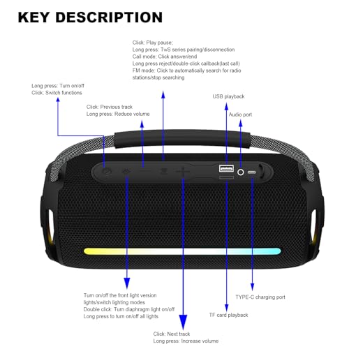 TSHAUBST Bluetooth Speaker with 20W Deep Bass, Waterproof Wireless Outdoor Speaker with Colorful LED Lights, TWS Pairing, Loud Speaker for Party, Beach, Travel & Home (Black) - image 7
