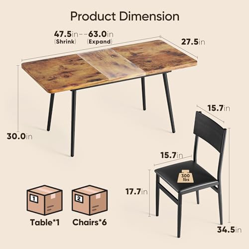 Ahomly 7-Piece Extendable Kitchen Table with 6 Upholstered Chairs, MDF Board & Metal Frame Dining Table Set for 4-6, Dining Room Table for Kitchen, Dining, Rustic Brown - Image 3