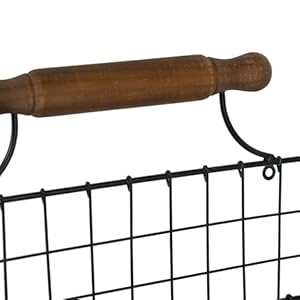 2 set hanging wall wire baskets with wooden handle farmhouse metal wall mounted basket food storage organizer for kitchen pantry laundry 1417 x 55 x 925 black  urban country home decor