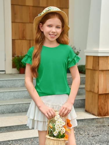 Image of Haloumoning Girls Ruffle Short Sleeve T Shirts Kids Summer Crewneck Tops Cute Tees Blouse 5-14 Years