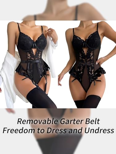 Lilosy Sexy Stocking Lace Mesh Bodysuit Top Underwire Garter Lingerie Set 3 Piece2