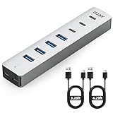 EJAY USB-3.0-Hub mit 7 Anschlüssen und 4 USB-A und 3 USB-C, Aluminium-USB-Splitter für Laptop/Desktop/PS5, abnehmbares 1 m und 1,3 m Kabel, 5 Gbit/s USB-Hub für Flash-Laufwerke, HDD, XPS, Silber