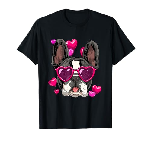 San Valentino Bulldog francese con cuore occhiali Frenchie Maglietta
