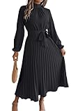 SHINFY Women's Long Sleeve Pleated Dress Casual Semi Formal Church Dress Mock Neck A Line Flowy Midi Dresses with Belt Black