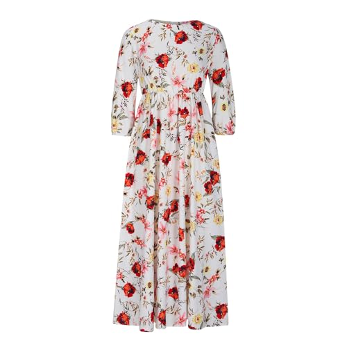 Vestido longo longo feminino com estampa de flores, caimento solto, curto, manga 1/2, gola redonda,