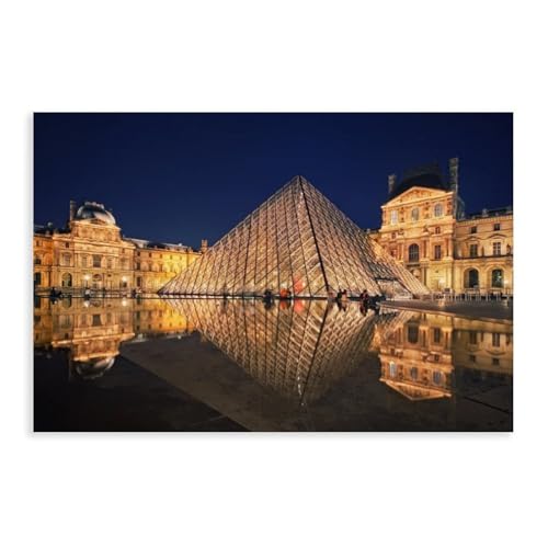 Night View of The Louvre Museum in Paris Poster Wall Art Canvas Painting Aesthetic Decoration Print Room Bedroom Living Room Bathroom Walls Decoration 36x24inch(90x60cm) Unframe-style