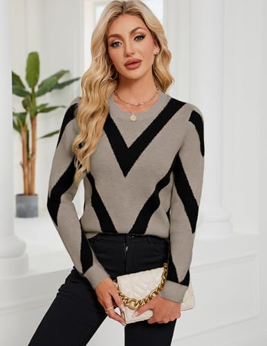 Image of Libsorge Womens Dressy Casual Color Block Striped Sweater Fall 2025 Trendy Outfits Lightweight Ribbed Knit Pullover Top