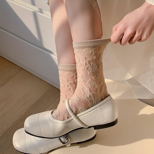 Image of Alafime Coquette Aesthetic Mesh Socks for Women - 7 Pairs Kawaii Embroidered Florals Y2K Full Tube Sheer Socks
