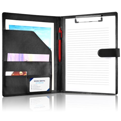 Klemmbrett A4 mit Deckel, PU-Leder Klemmbrettmappe Schreibmappe Klemmbrett mit Schreibblock Dokumentenfächern Stifthalter Magnetverschluss Konferenzmappe A4 für Bürobedarf Schule (Schwarz)