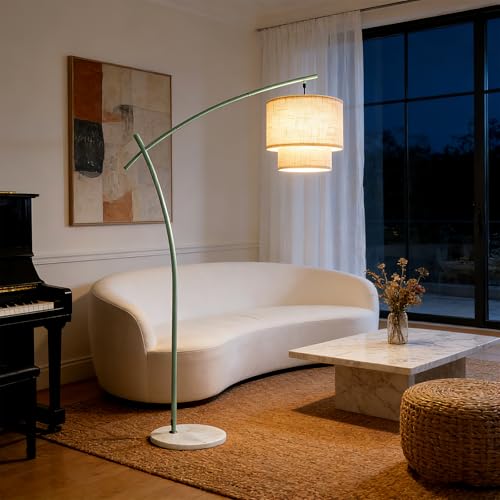 Image of Lightdot Arc Floor Lamp for Living Room, Modern Standing Tall Lamps with Double Linen Lampshade, Tall Hanging Pole Lamp with Bulb Included for Bedroom Sofa Beside /Corner Decor - Grayish Green