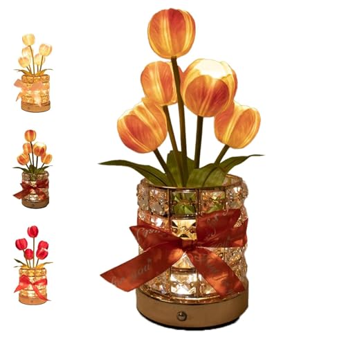 Lámpara de Mesa de Cristal con Forma de tulipán, Elegante lámpara de Mesa con 3 Luces LED Que cambian de Color, romántica luz Nocturna con Forma de Ramo para decoración del hogar. (Orange)