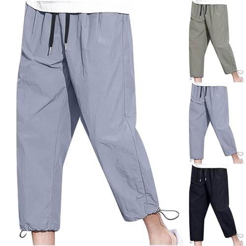 Casual Beach Capri Pant for Men Summer Loose Comfy Ice Silk Cool Quick Dry Pants Drawstring Sport Capris with Pocket