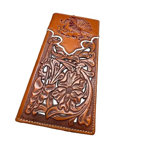 Long Leather Wallet – Embossed Mexico Golden Eagle Design with Laser Cut Floral Pattern & Tooled Leather – Charro Bifold Checkbook Wallet for Western & Cultural Gifts