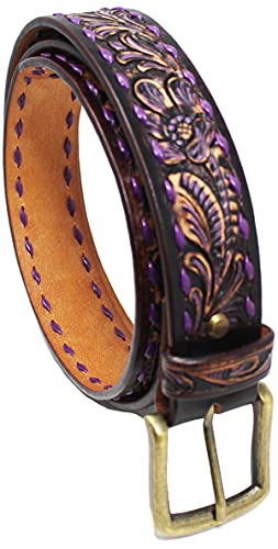 CHALLENGER 31-32 Western 1 1/2" Wide Floral Tooled Purple Buckstitch Leather Belt 26FK124