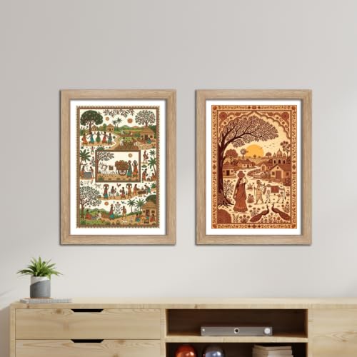 Image of TenorArts Traditional Tribal Folk Art Photo Frame Set of 2 , Indian Rural Arts Decor Wall Hanging Painting For Bedroom Living Room Cafe and Home decor / Minimal Drawing Framed Posters for Decoration (9x12 inches) [T2P-08T]
