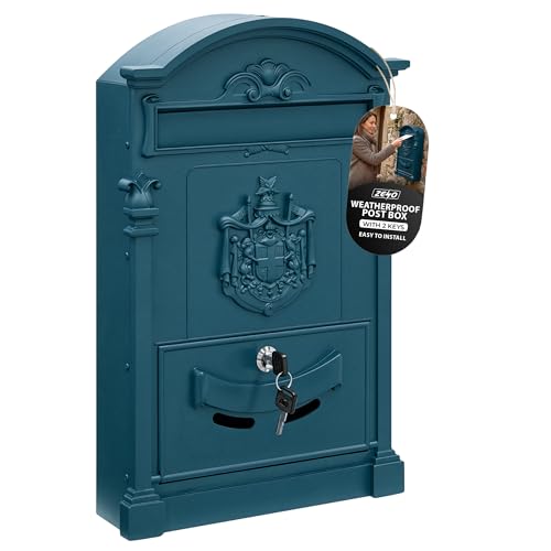 ZENO Letter Box Wall Mounted | Postbox | Large Traditional Post Box Mailbox | Post Letter Box for Home | Vintage Classic Mail Box with 2 Keys | Easy to Install | Keep Your Mail Safe (Blue)