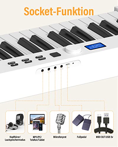 OYAYO Piano pliable avec 88 touches avec écran LCD et boutons semi-lestés – Prise en charge MIDI Bluetooth – Clavier piano numérique avec sac de piano pour enfants – Cadeau d’anniversaire (blanc) - Les Beatles, Paul McCartney, John Lennon, RIngo Starr, George Harrison OYAYO Piano pliable avec 88 touches avec écran LCD et boutons semi-lestés - Prise en charge MIDI Bluetooth - Clavier piano numérique avec sac de piano pour enfants - Cadeau d'anniversaire (blanc) – Image 8