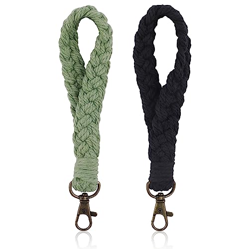 WINKIO Schlüsselanhänger kurz Lanyard, 2 Stück Schlüsselband Weicher Makramee Armband Schlüsselband Boho Handmade Wrist Lanyard Keychain Geschenke für Mama & Schwestern & Freunde (Schwarz+Grün)