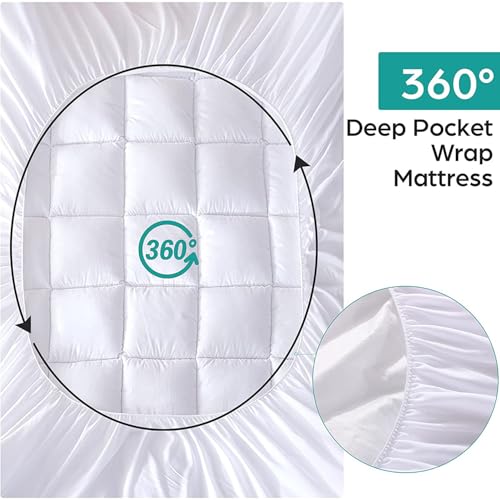 Image of WhatsBedding Waterproof Mattress Pad Twin XL Size Cotton Top Down Alternative Filling Pillowtop Mattress Topper Cover-Fitted Quilted