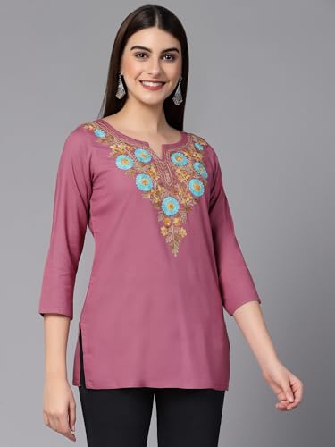 Image of QAZMI Women's Rayon Cotton Straight Keyhole Neck Three-Quarter Sleeves Israa Kashmiri Embriodered Short Kurti