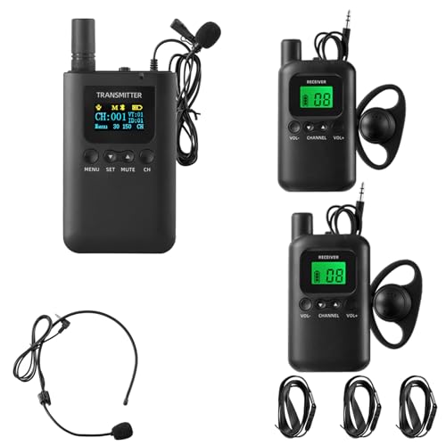Wireless Tour Guide System,Long Range 200m/656ft,Upgraded Noise Reduction,Classic Style, 40H Long Battery,Upgraded Noise Reduction, for Court,Training,Interpreter (1 Transmitter 2 Receivers)