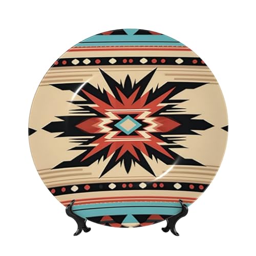 WLKSNBVD 8in Bone China Decorative Plate, Native American Patterns Ceramic Dinner Plates with Display Stand, Ceramic Ornaments Art Porcelain Plate for Home Office Wall Decor Collections Plates