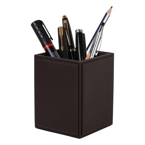 Image of V-CUBE DESIGNS Premium Vegan Leather Pen Holder for Desk & Study Table Accessory | Marker /Pencil Stand for Student | Stationery Organizer for Office Table & Home | 6mm Thickness with MDF Core |Brown