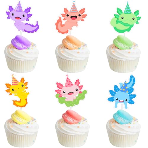 Fangleland Axolotl Cupcake-Topper, Geburtstagsdekorationen für Jungen und Mädchen, Cartoon-Tiere, Axolotl-Thema, Kuchendekoration, Picks, Babyparty, Gender Reveal, Partyzubehör, 36 Stück