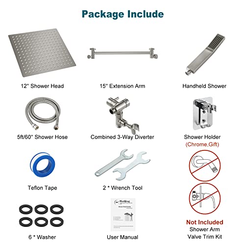 Shower Head, 12 Inch Hotqing All Metal Dual Square Shower Head Combo, Rainfall Shower Head With Handheld, Pressure High Rain Shower Head With 15 Inch Brass Adjustable Extension Arm - Brushed Nickel #TOP6