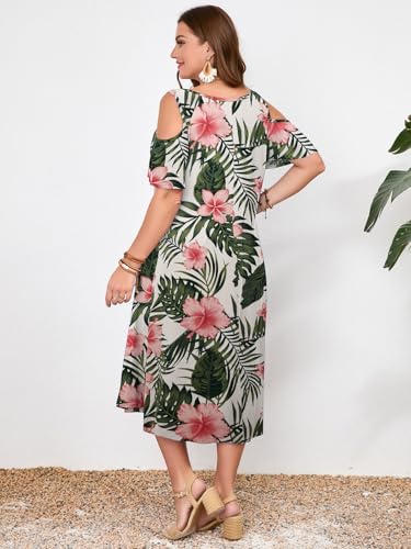 Image of LARACE Plus Size Women Dress for Summer, Midi Women's Sundress, Casual V-Neck Short Sleeve Flowy T-Shirt Dresses with Pockets