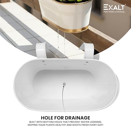 Image of EXALT 12 inch Oval Metal Railing Planter Set Premium Anti-Rust Balcony Hanging Flower Pot Outdoor Indoor Decorative (White Gold Pack of 5)