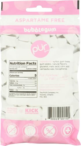 Image of PUR Gum | Aspartame Free Chewing Gum | 100% Xylitol | Natural Bubblegum Flavored Gum, 55 Pieces (Pack of 2)