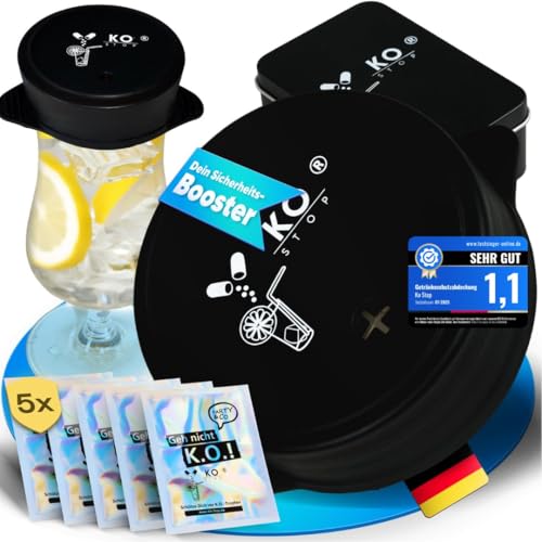 Ko Stop 5er Set Silikon Mehrweg inkl. Metalldose Getränkeschutz schützt vor Ko Tropfen, Insekten und Schmutz ideal für Festivals und Partys (Schwarz, 6-8cm)