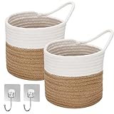 Hängekorb, 2 Stück Wandkörbe Baumwollseilflechten Aufbewahrungskörbe Mit Griff Hängekörbe Korb zum Aufhängen Körbchen Klein für Küche Bad Wohnzimmer Schlafzimmer (Bräunlich Weiß)