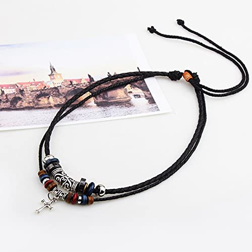 Braided Leather Necklace Vintage Style Double Layers Black Tribal Necklace with Charm Cross Pendant2
