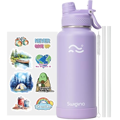 Image of Swigina [2-IN-1 LID] Insulated Water Bottle with Silicone Boot (36hrs Cold /18hrs Hot) - DIY Stickers, Leakproof, BPA Free, 32 oz