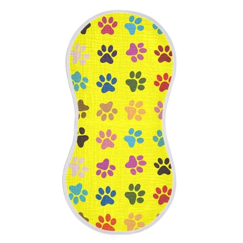 Colorful Paw Prints Muslin Burp Cloths 22x11 Inch - 4-Layer Organic Cotton & TPU Waterproof Lining, Absorbent Baby Bibs for Boys/Girls with Hanging Loop