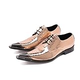 Herren Anzugschuhe, Business Casual Schuhe, Spitze Derby-Schuhe, Glänzende Partyschuhe, Schnürschuhe, Metallkappe, Glänzender Vamp, Leicht Zu Reinigen,Gold,43EU