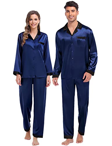 SWOMOG Couples Pajama Sets Women & Men Silky Satin Long Sleeve Sleepwear Classic Button Down Soft Loungewear Pjs Set