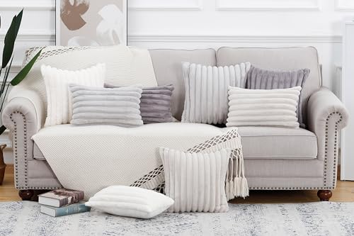 MADIZZ Set of 2 Faux Wool Plush Decorative Throw Pillow Covers 22x22 Inch Light Grey Fluffy Striped Soft Decorative Cushion Cover for Sofa Bedroom Pillow Shell by MADIZZ - Used condition - Image 6