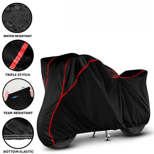 Image of AutoRox Water Resistant Bike Body Cover Compatible with Royal Enfield Hunter 350 BS6 | Bike Accessories | Motorcycle Cover | Two Wheeler Cover - Red Piping(Black)