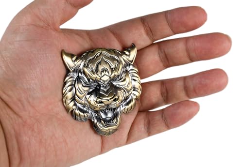 Image of Tough Tiger with a Fierce Gaze and Open Mouth Metal 3D Emblem Badge with Pre-Adhesive for Car Motorcycle Spider ATV Fun Tiger Head Face Power Bravery Wildlife Art