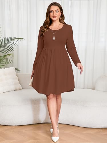 Image of AusLook Women's Plus Size Long Sleeve Midi Dress Casual Empire Waist Loose Flowy Dresses A-Line Boho Long Dress with Pockets