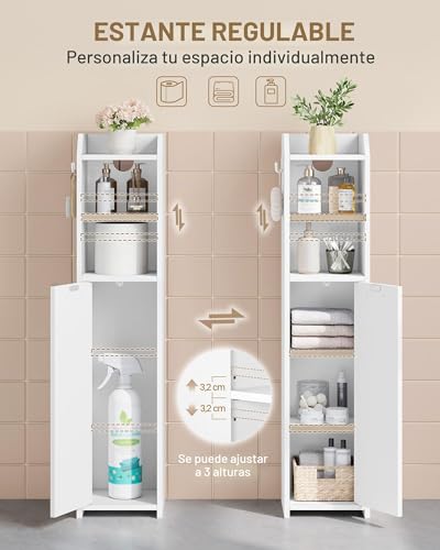 Miniatura 5 de Hzuaneri Mueble De Baño, Armarios Baño Estrecho Con Gancho, Estantes Ajustables, Espacio De Almacenamiento Abierto, Para Espacios Reducidos, Salones Y Rincones, 20 X 20 X 90 Cm, Blanco Bc22903x