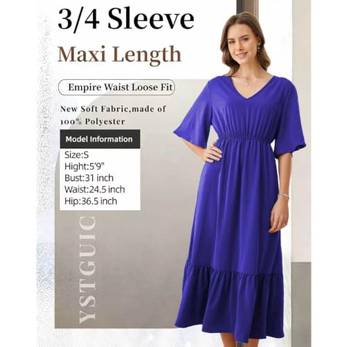 Image of Women's Summer Short Sleeve Maxi Floral Flowy Dresses with Pockets