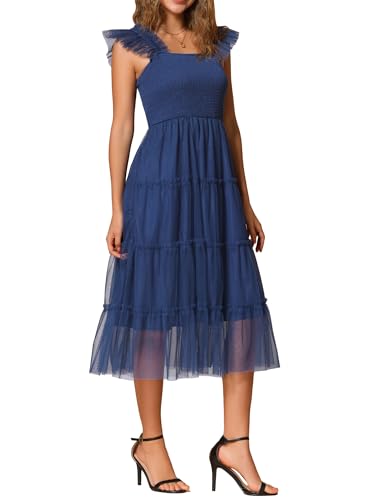 Image of Allegra K Women's Summer Midi Tulle Dress Sleeveless Smocked Square Neck Tiered Ruffled Wedding Guest Dress