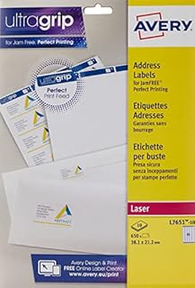 Avery Self Adhesive Address Mailing Labels, Laser Printers, 38.1x21.2mm 65 Labels Per A4 Sheet, 650 Labels, UltraGrip (L7651), White