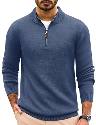 Cotrasen Men's Quarter Zip Pullover – Cotton Sweater, Long Sleeve, Denim Blue